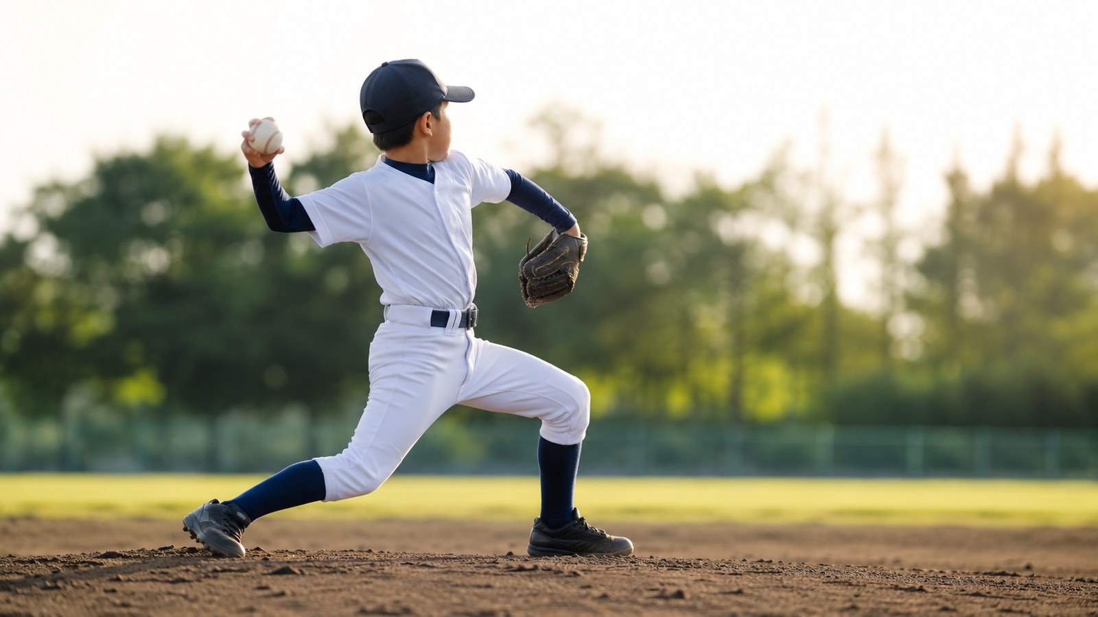 朝の光の中で、少年野球のピッチャーがボールを持った腕を後ろに引き、投球動作のトップに入った健康的な横向きの様子。背景は緑のフィールド。顔は帽子で特定できない