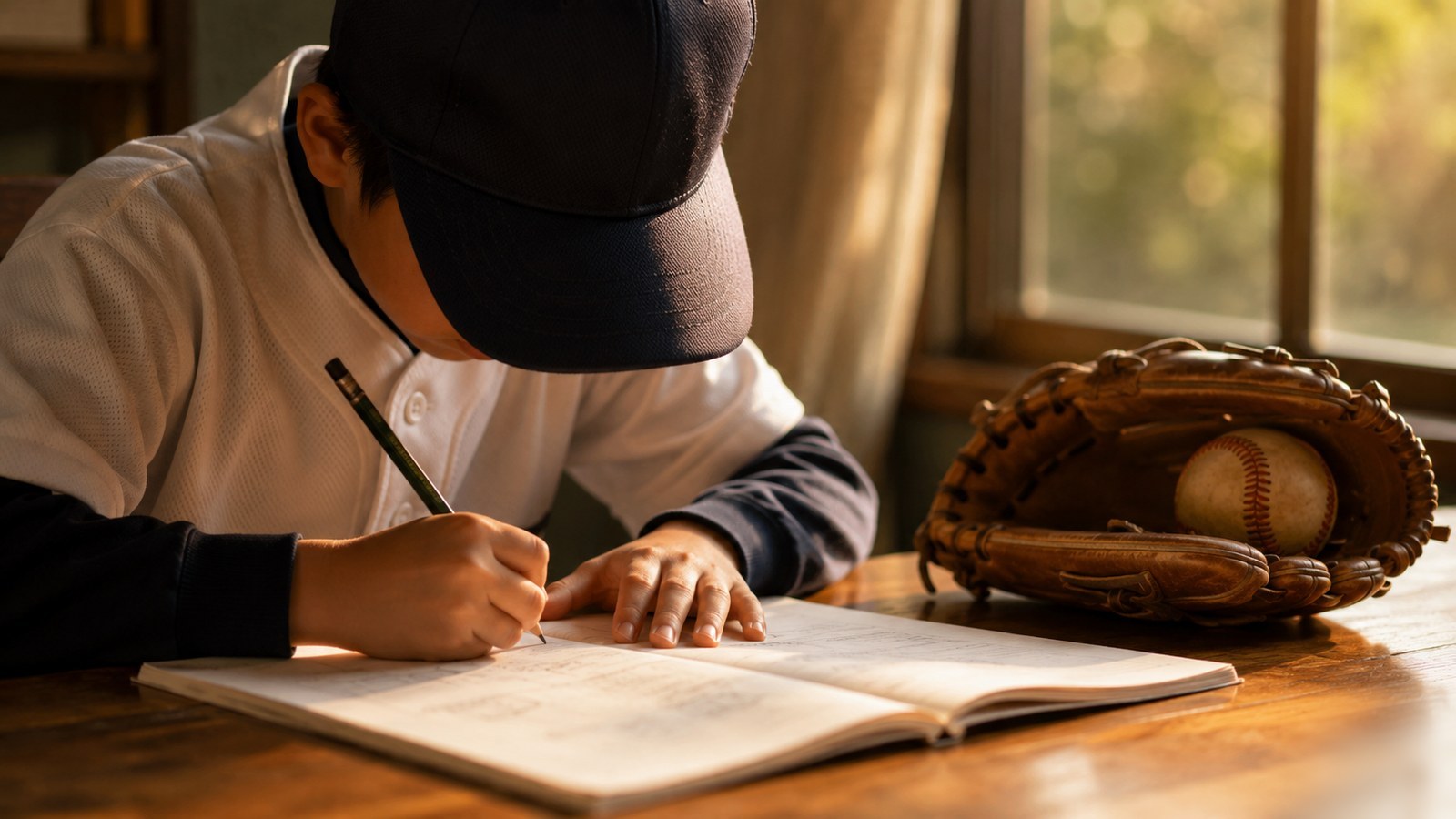 少年野球のユニフォーム姿の子どもが、家のテーブルで野球ノートに鉛筆で書き込んでいる。そばにグラブとボールが置かれ、窓から夕方のやわらかい光が差し込む。顔は帽子のつばで隠れて特定できない
