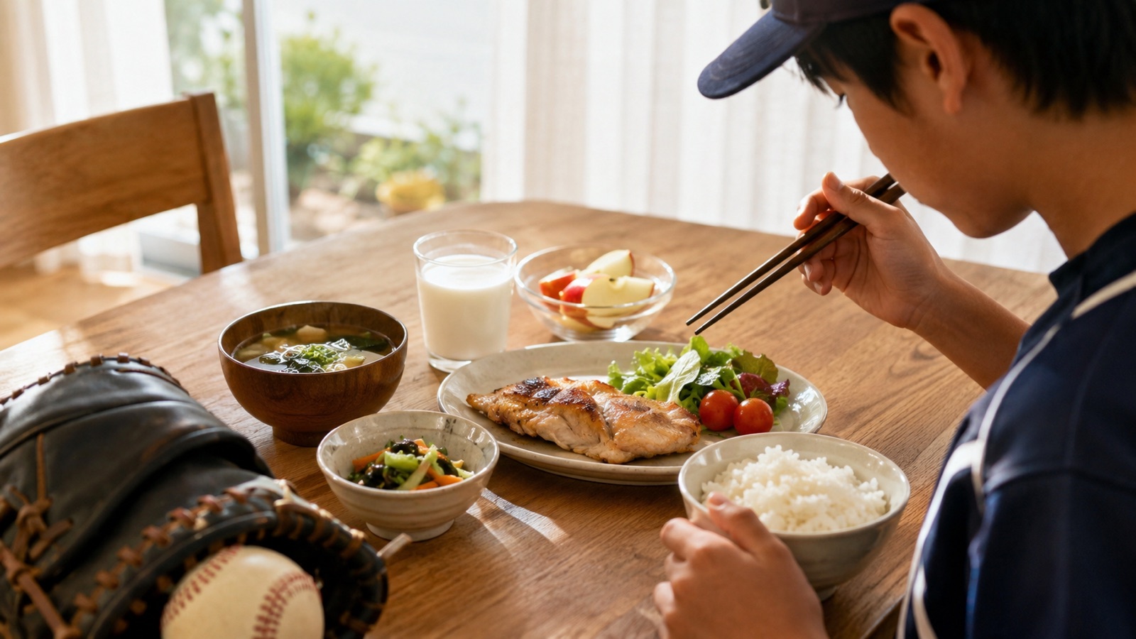 食卓に並んだ、ごはん・肉や魚・野菜・牛乳・果物のそろったバランスのよい食事。少年野球のユニフォーム姿の子どもが食事をとろうとしている様子