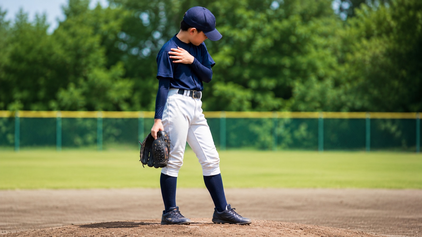 明るい日中のマウンドで、投球の合間に投げる方の肩へ手を当てて確かめる少年野球の投手。背景は緑のグラウンド