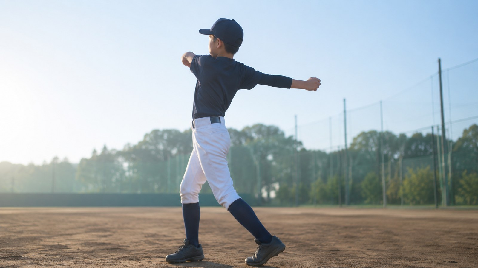 朝のグラウンドで、少年野球の選手が投げる前に腕を大きく回して体を温めている様子