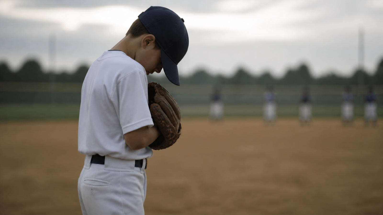 曇り空のやわらかい光のグラウンドで、少年野球の選手が横向きに立ち、頭を下げてグラブを胸に抱え、静かに集中を整えている。背景の仲間はぼやけ、帽子・ユニフォームは無地で顔は判別できない