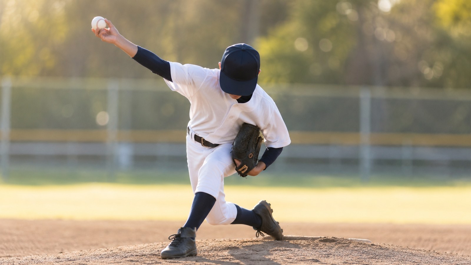 明るいグラウンドで、少年野球のピッチャーが投球フォームでボールを持つ腕を大きく振り出す躍動的な一場面。顔は深くかぶった帽子のつばの影とうつむきで特定できない