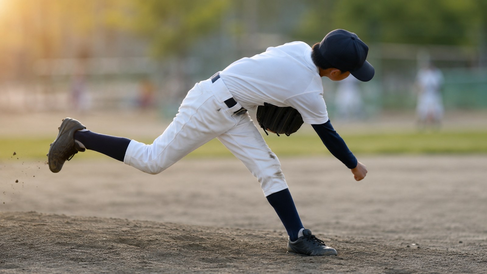 夕方前のグラウンドで、少年野球のピッチャーが投球を終えて腕を振り切り、上体を前へかぶせたフォロースルーの瞬間の横向きの姿。顔は帽子で隠れて特定できない