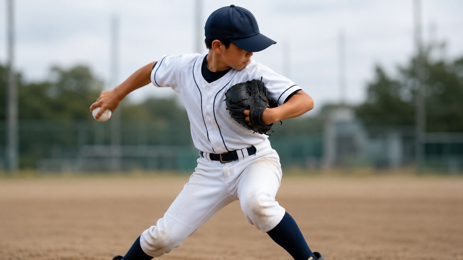 少年野球のピッチャーが投球動作の途中で、グラブ側の腕を胸の前に引きつけ、ボールを持つ腕を後方に引いている様子。曇り空の土のグラウンド