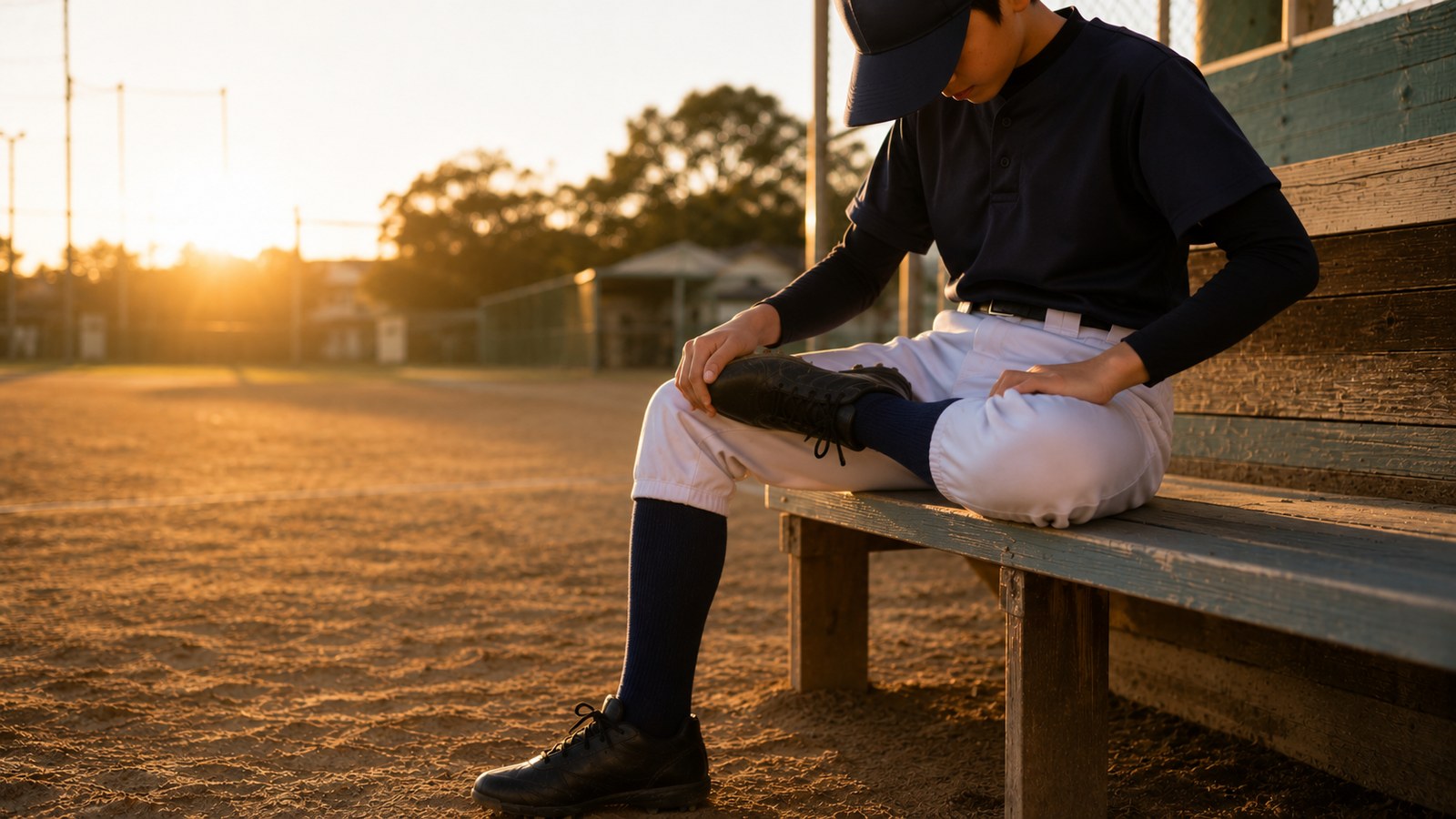 夕暮れのグラウンドで、少年野球のユニフォームの選手がベンチに腰かけ、膝の下(すね)に手を当てて気にしている様子。顔は帽子のつばと影で特定できない