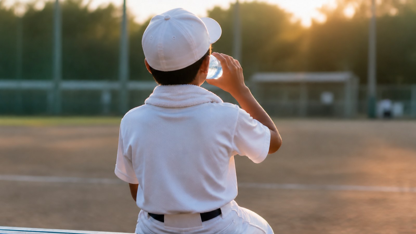 夏の夕方の逆光がさすグラウンドで、白い無地のユニフォームを着た少年野球の選手が、首に白いタオルをかけてベンチに腰かけ、水筒で水分をとっている後ろ姿。顔はこちらを向いておらず特定できない
