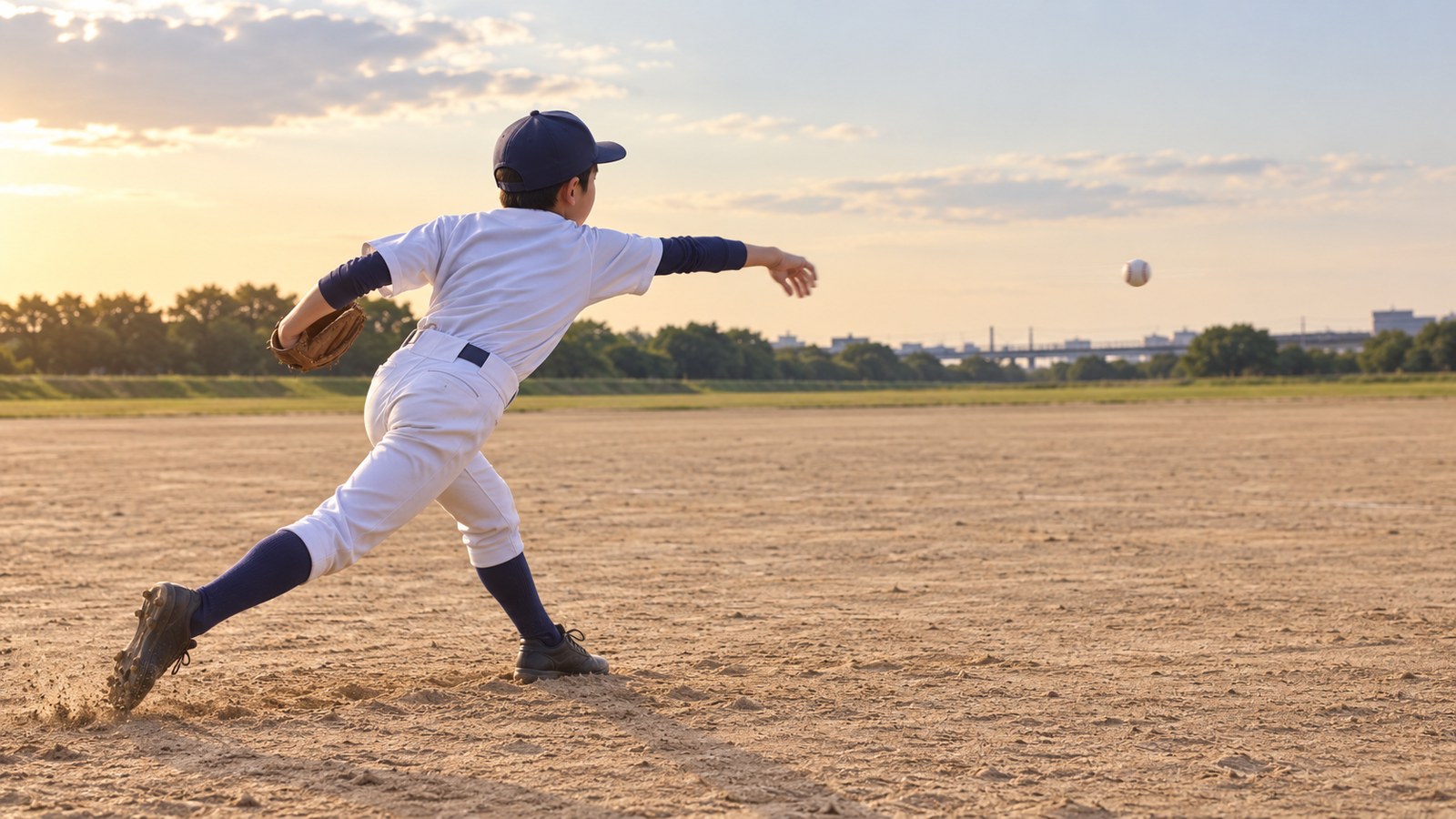 夕方のグラウンドで、少年野球の選手が遠くへボールを投げる遠投の練習をしている様子。低めのラインで力強く腕を振っている