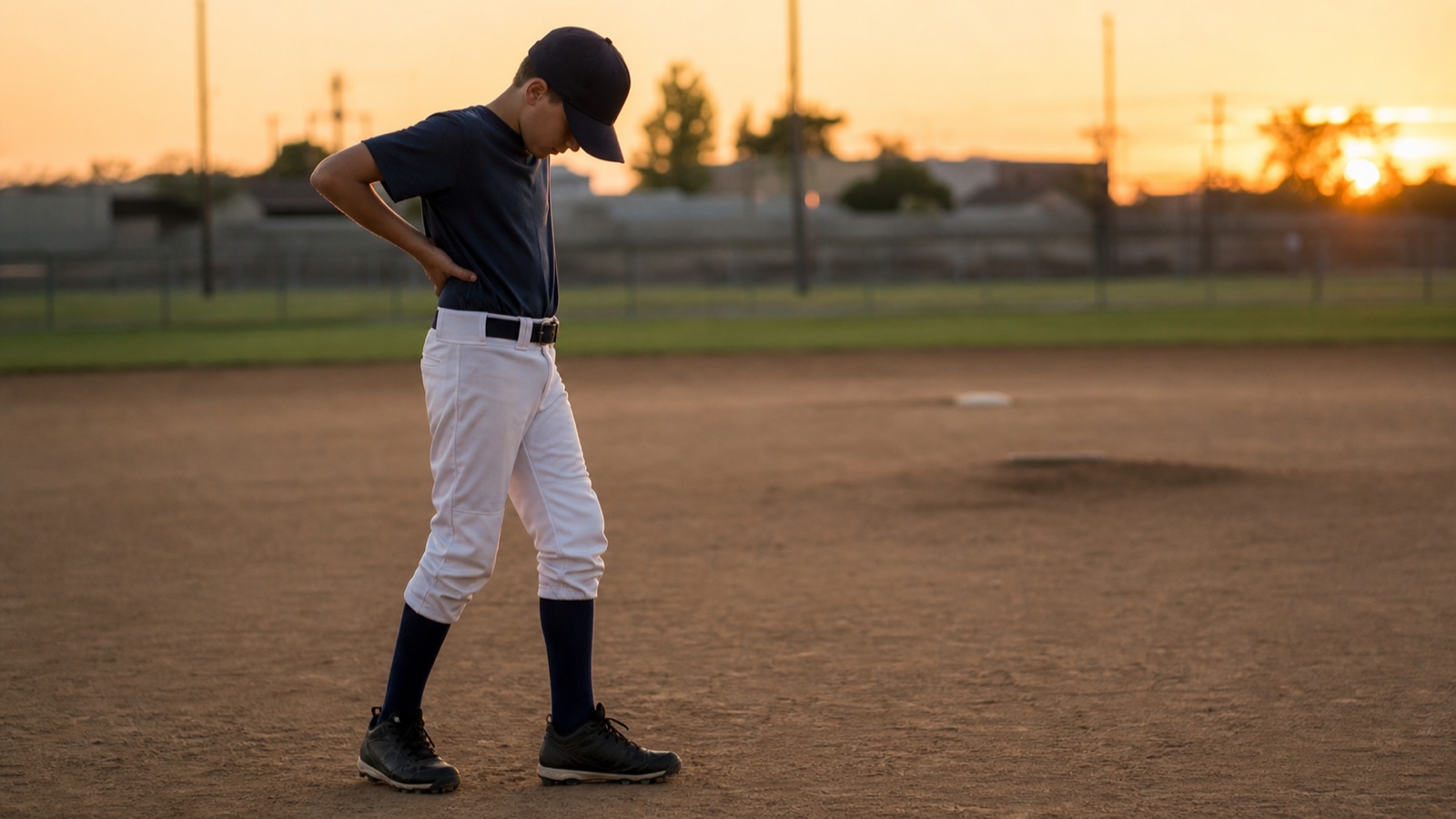 夕暮れのグラウンドで、少年野球のユニフォームを着た選手が内野の土の上に立ち、うつむいて腰の後ろに手を当てている横向きの姿。逆光で顔は帽子のつばの影に入り特定できない
