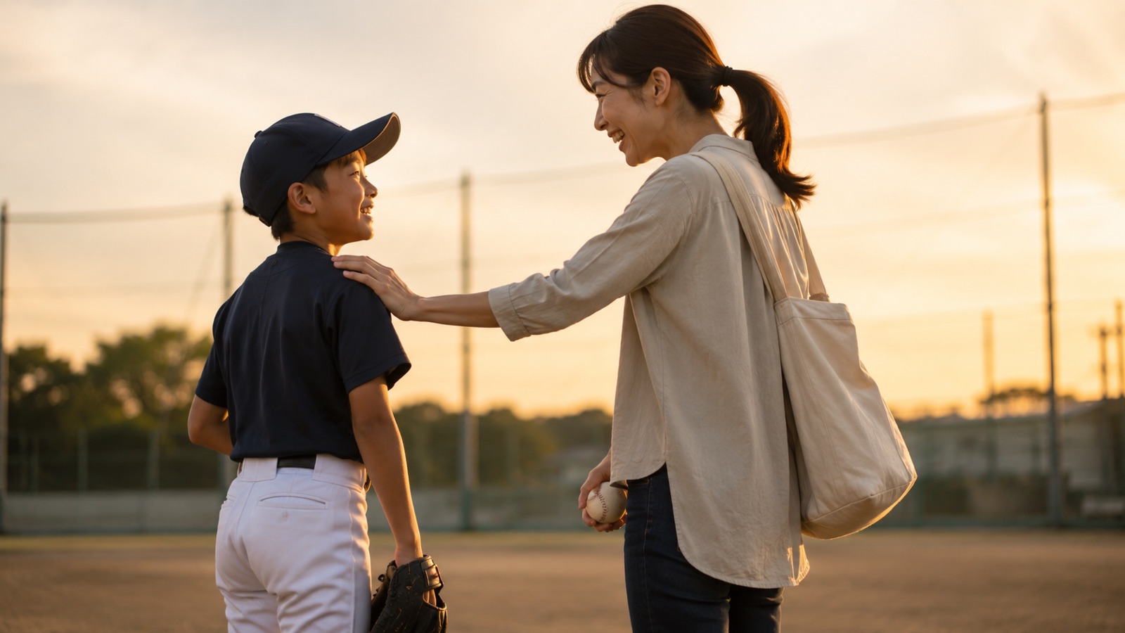 少年野球のグラウンドで、練習を終えた子どもに保護者が笑顔で声をかけている様子。夕方のやわらかい光