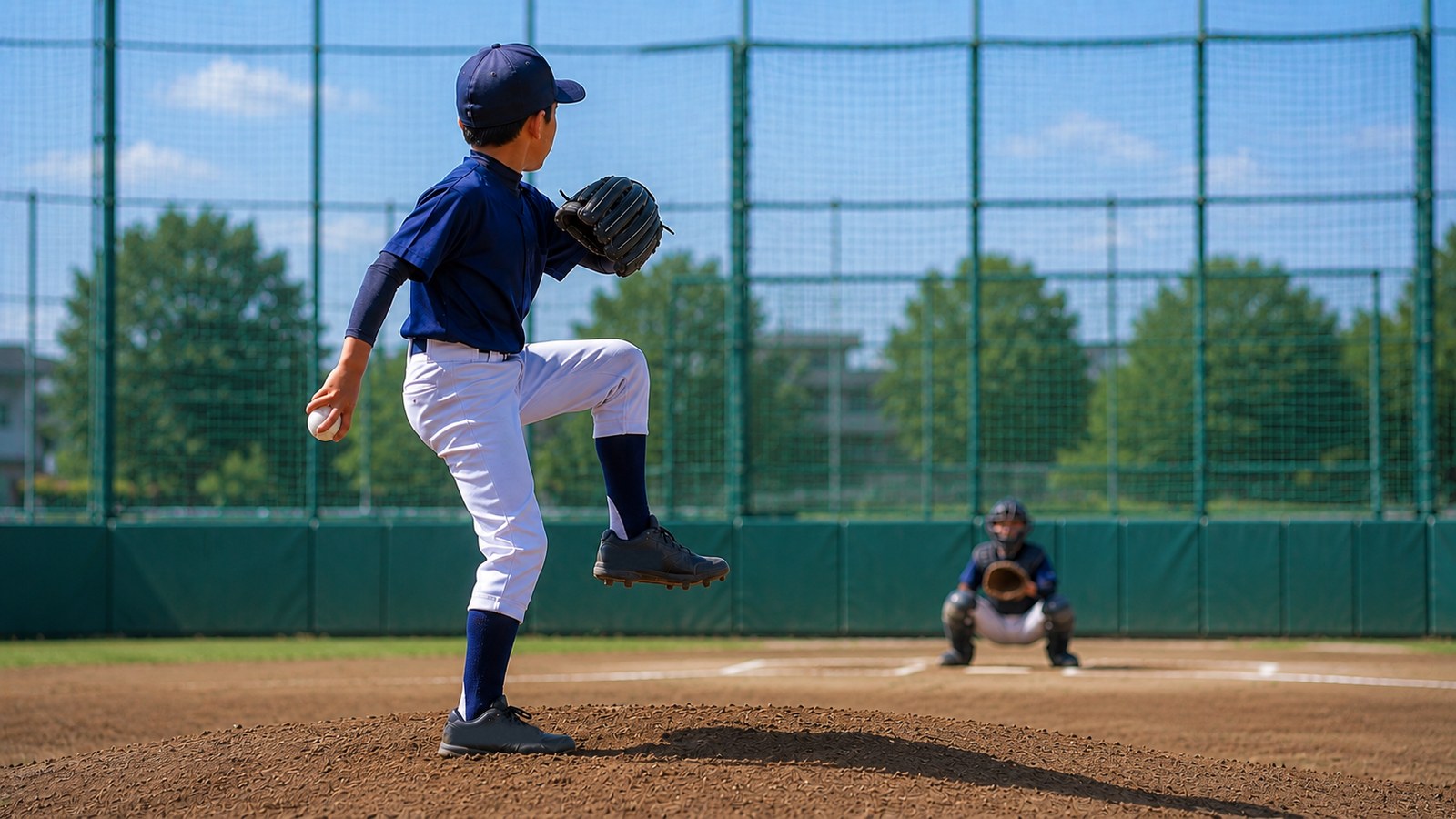 明るい快晴のグラウンドで、少年野球のピッチャーが足を上げて投球モーションに入り、奥のキャッチャーに向かって投げようとしている様子。顔は特定できない