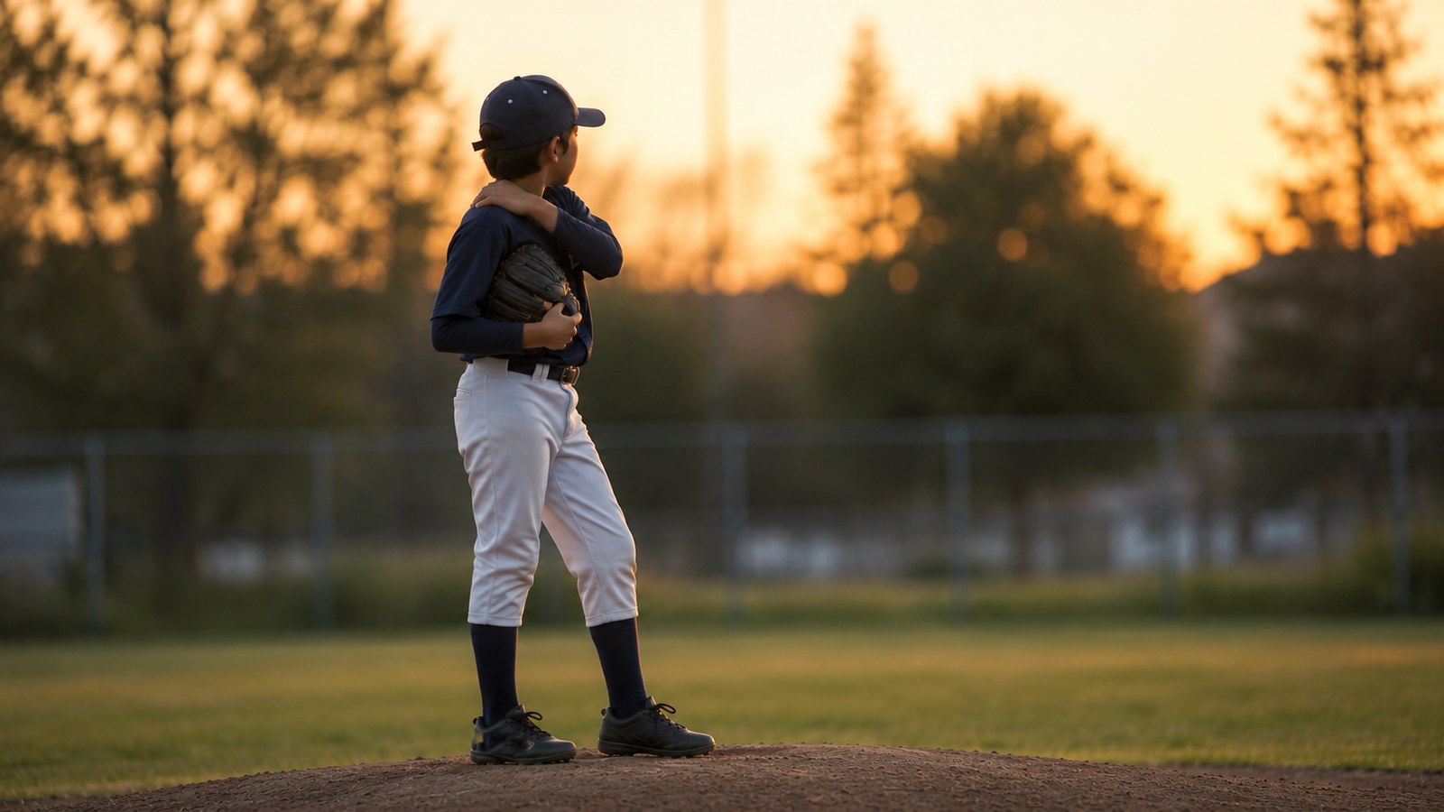 夕暮れのグラウンドのマウンドで、少年野球のピッチャーが投げ終えてグラブを胸に抱え、一息ついて遠くを見つめている様子