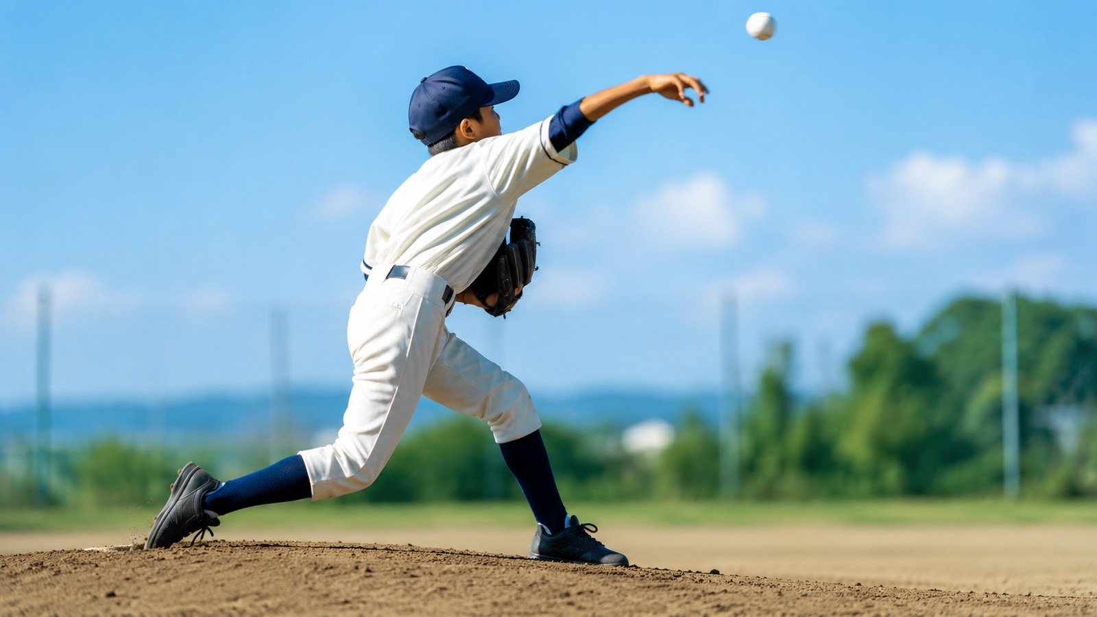 快晴の青空の下、少年野球のピッチャーがマウンドから力強く投げ、リリースされたボールが前方の空に見える投球の瞬間の横向きの様子。顔は帽子で特定できない