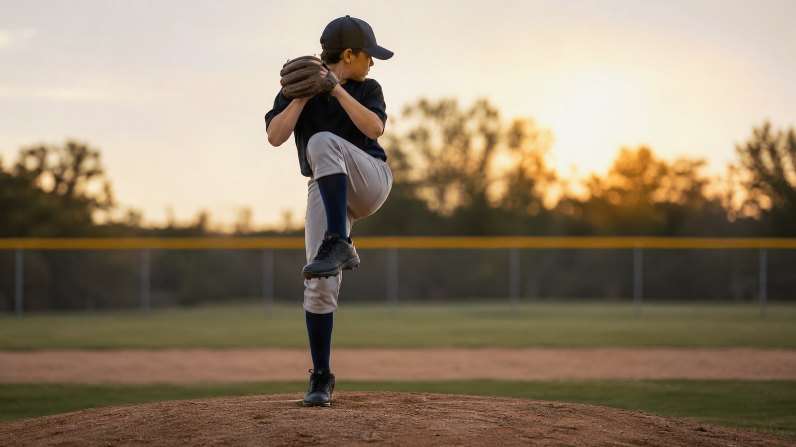 夕暮れのマウンドで、少年野球のピッチャーが両手を胸の前で合わせ、片脚を高く上げて軸足一本でまっすぐ立ち、バランスを取っている投球フォーム序盤の姿。顔は帽子のつばと影で特定できない